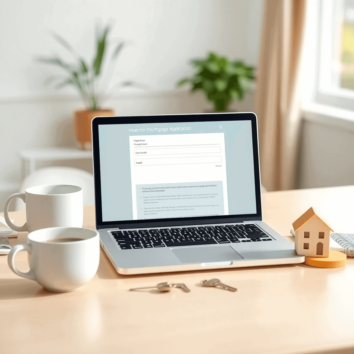 A modern digital workspace with a laptop showing a mortgage application, coffee cups, keys, and a miniature house, creating an inviting and efficient atmosphere.