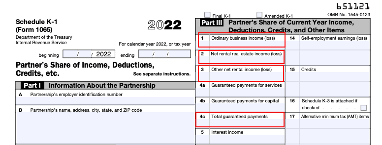Lines on the K1 to determine self-employed income.