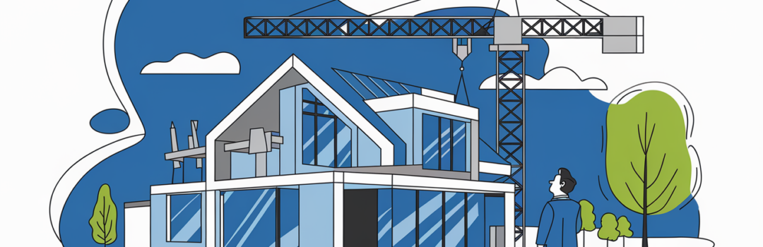 Flat illustration of a modern home under construction with a crane in the background, representing insights into construction loan rates for building your dream property.