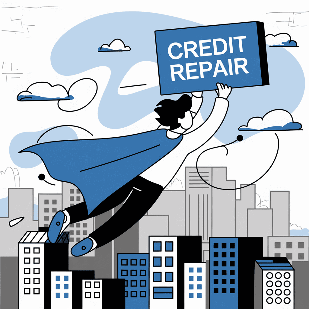 Graphic of a superhero flying above a city holding a sign that reads ‘Credit Repair,’ representing the transformative power of credit repair services