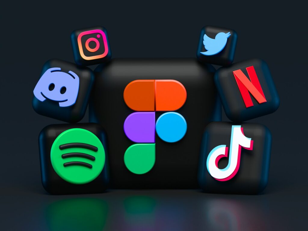 blue red and green letters illustration, social media app logos